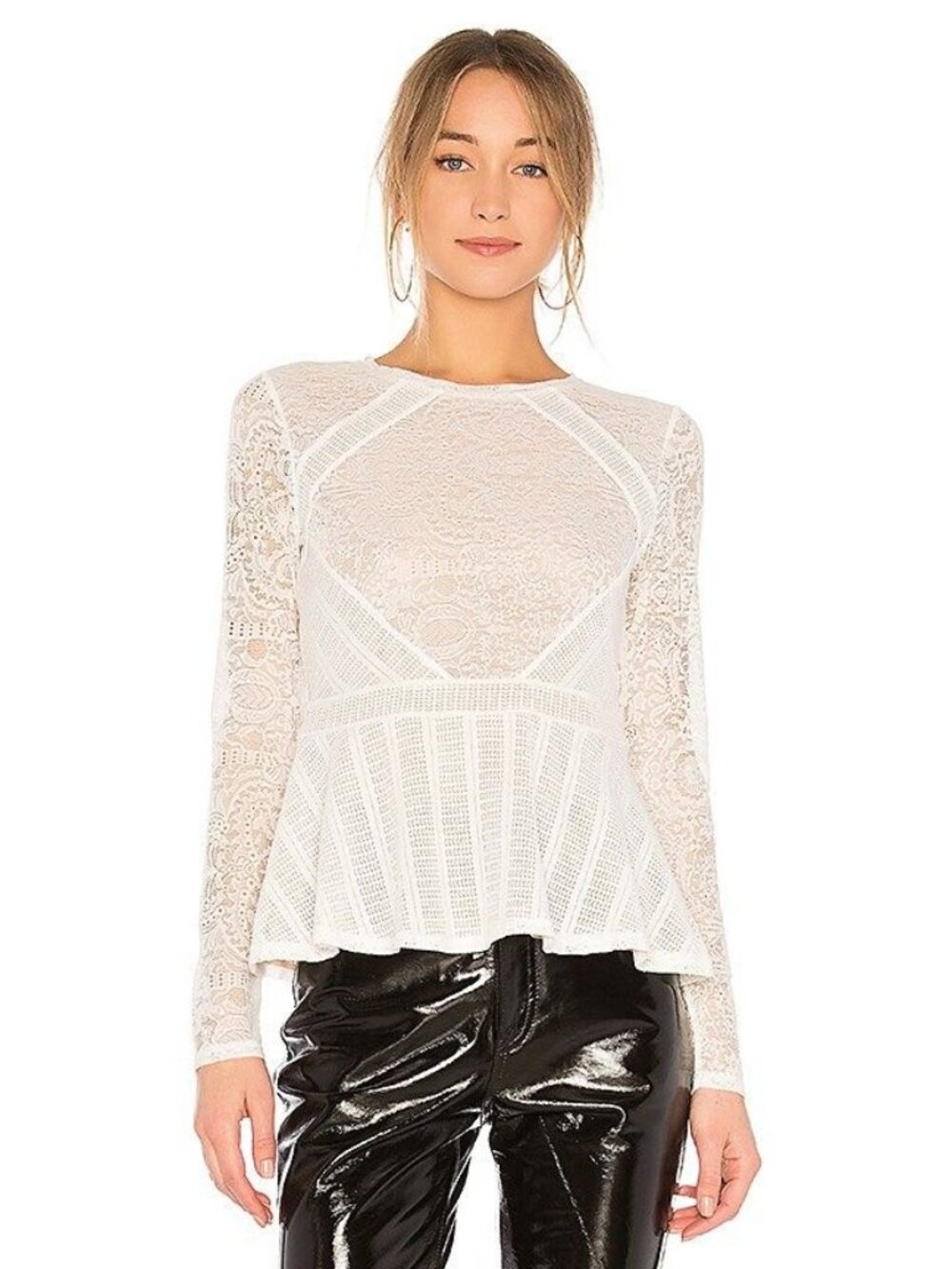 BCBGMAXAZRIA Capri Lace Peplum Top White Blouse Long Sleeve EUC Size S Coquette
